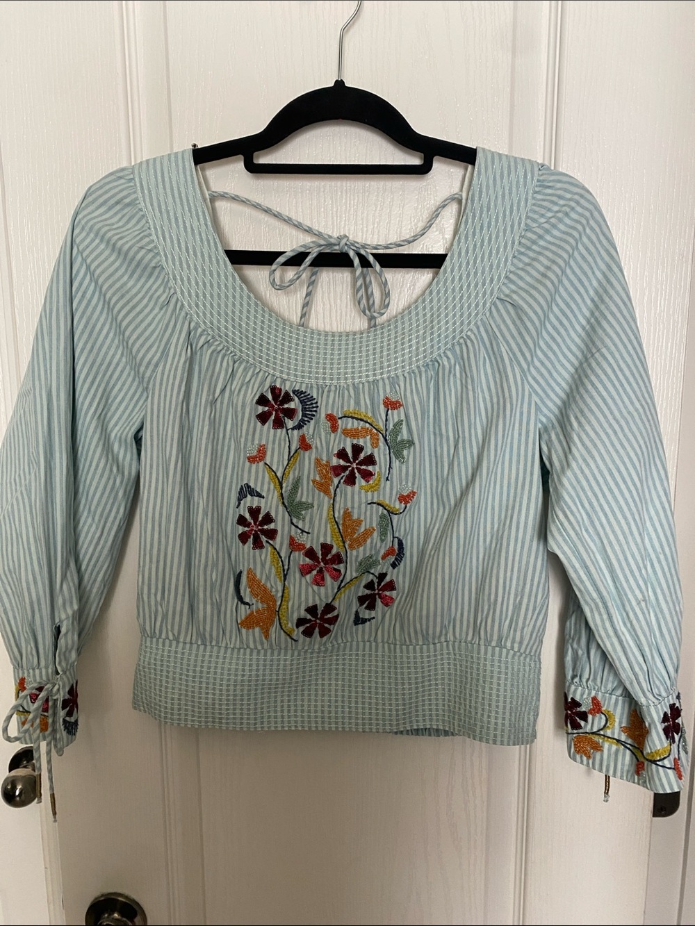 Anthropologie Light Blue Striped Embroidered Peasant Blouse